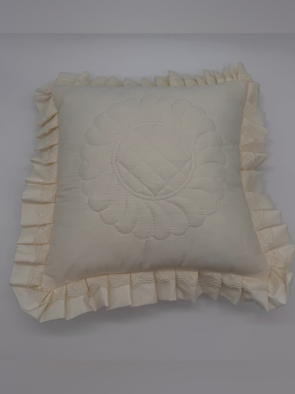 Cream Ruffled Decorative Throw Pillow with Quilted Medallion